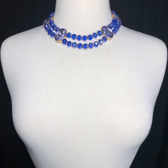 2 Row Royal Blue Glass Bead Necklace Earrings Set - Picture 2 of 3